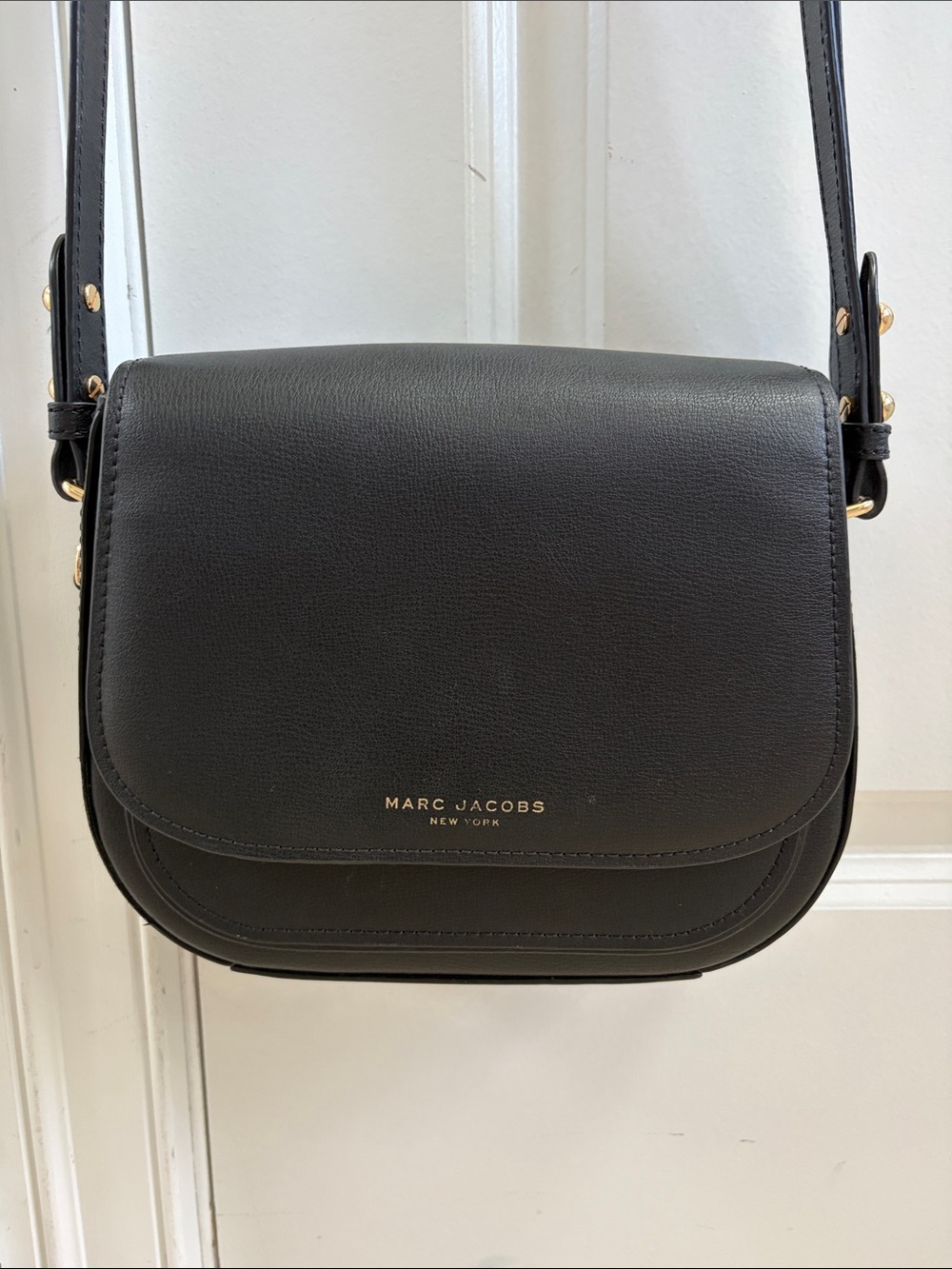 Marc Jacobs Black Leather Crossbody Saddle Bag with Gold Accents